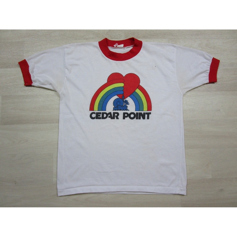 Vintage 70s Cedar Point Theme Park Ringer T Shirt Youth (M) Rainbow Cleveland OH